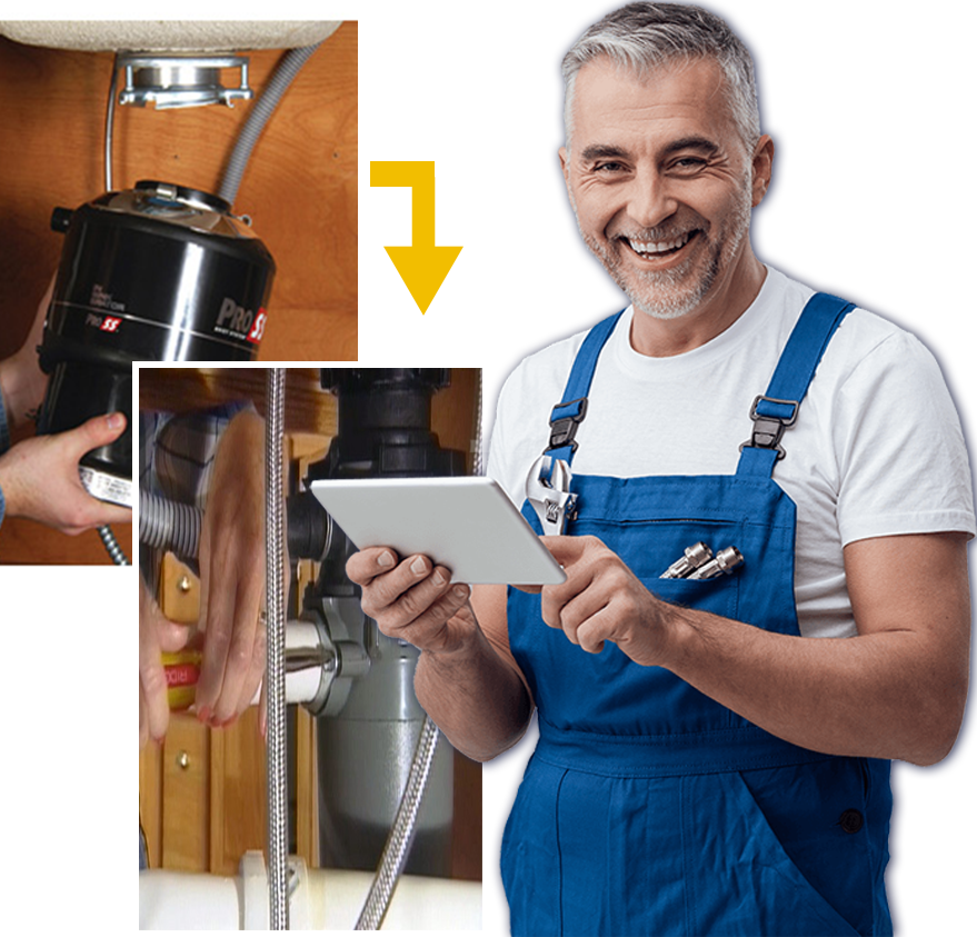 Plumber installing garbage disposal under kitchen sink